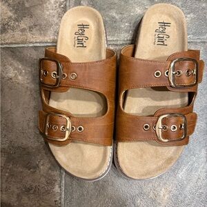 Corkys Hey Girl Tan Double-Buckle Slide Sandals